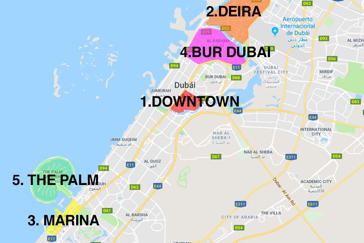 Mapa mejores barrios dónde alojarse Dubái Mapa mejores barrios dónde alojarse Dubái